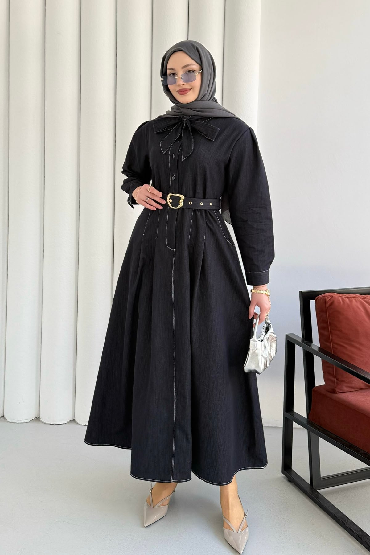 Cepli Kendinden Fularlı Denim Tesettür Elbise-LACİVERT