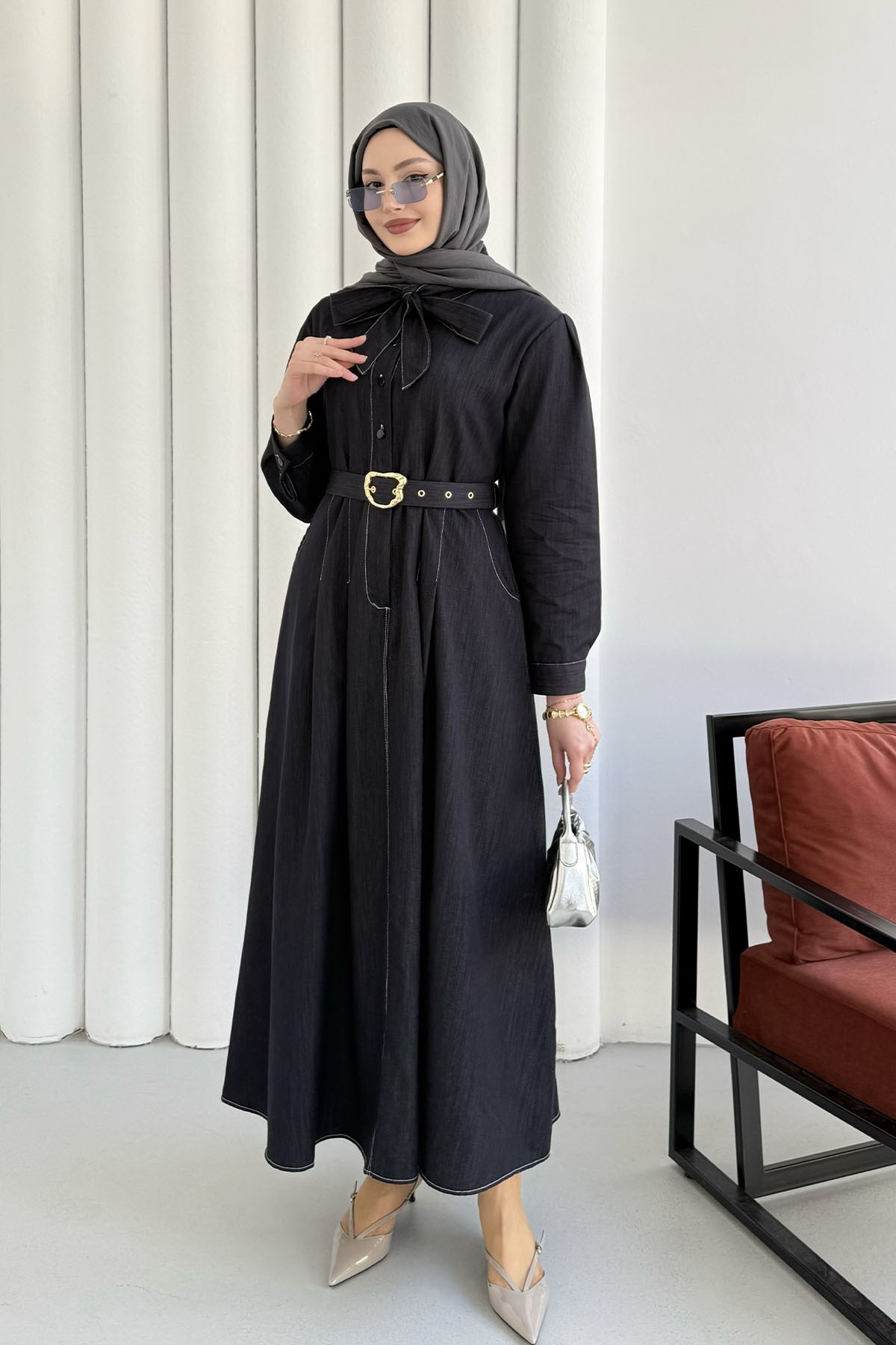 Cepli Kendinden Fularlı Denim Tesettür Elbise-LACİVERT