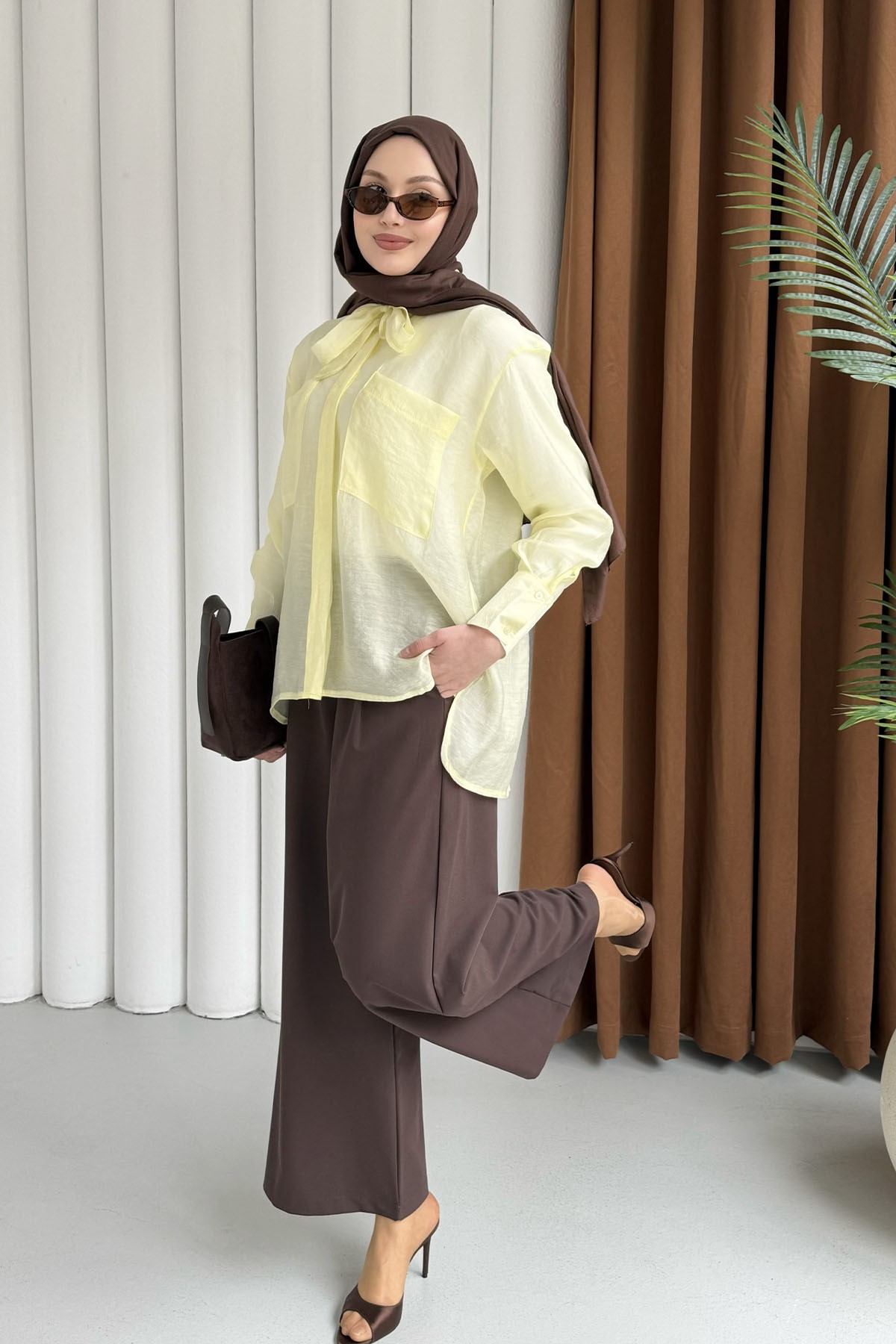 Cepli Kuşaklı İnce Modal Kumaş Gömlek-SARI