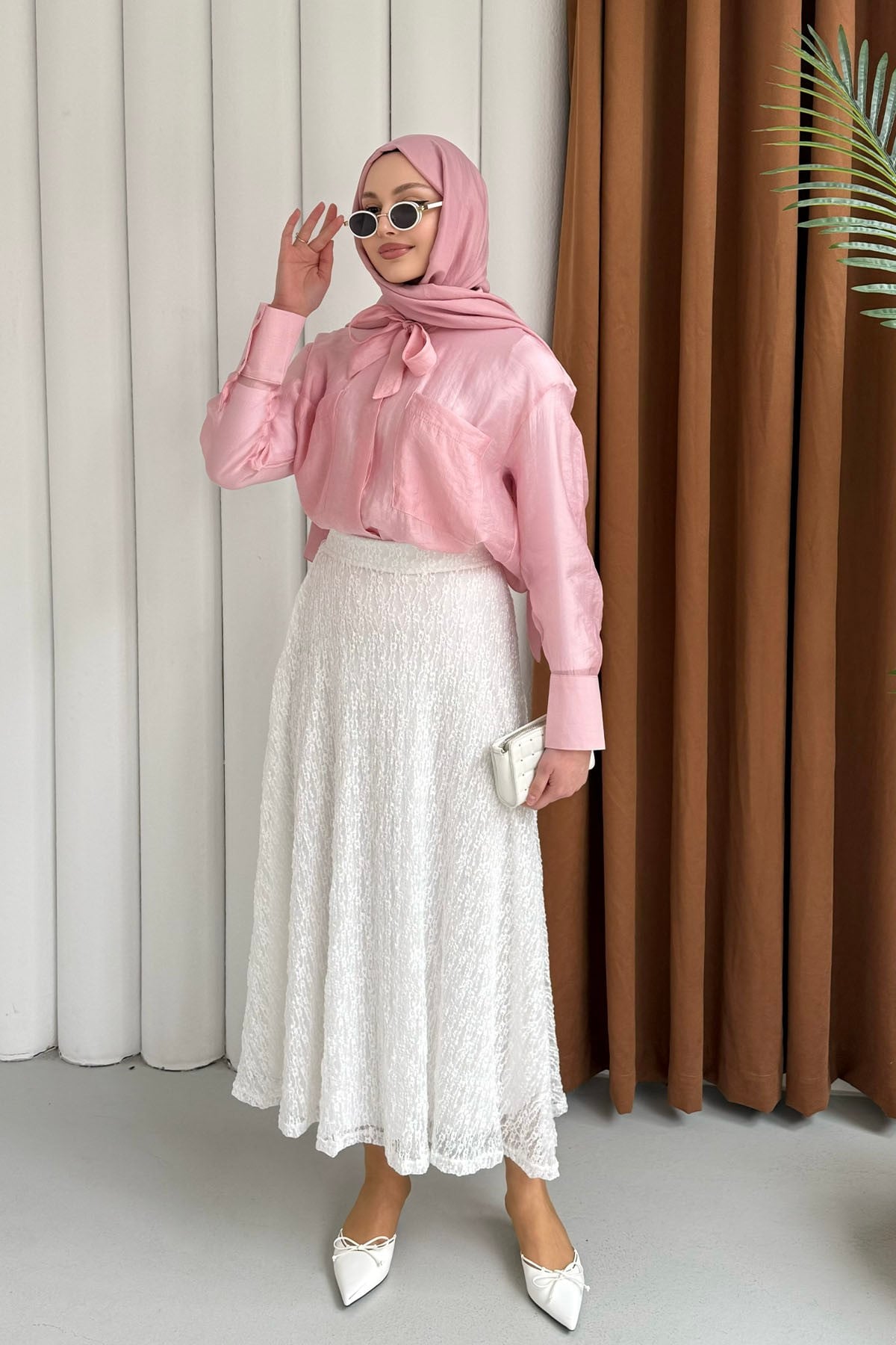 Cepli Kuşaklı İnce Modal Kumaş Gömlek-PEMBE