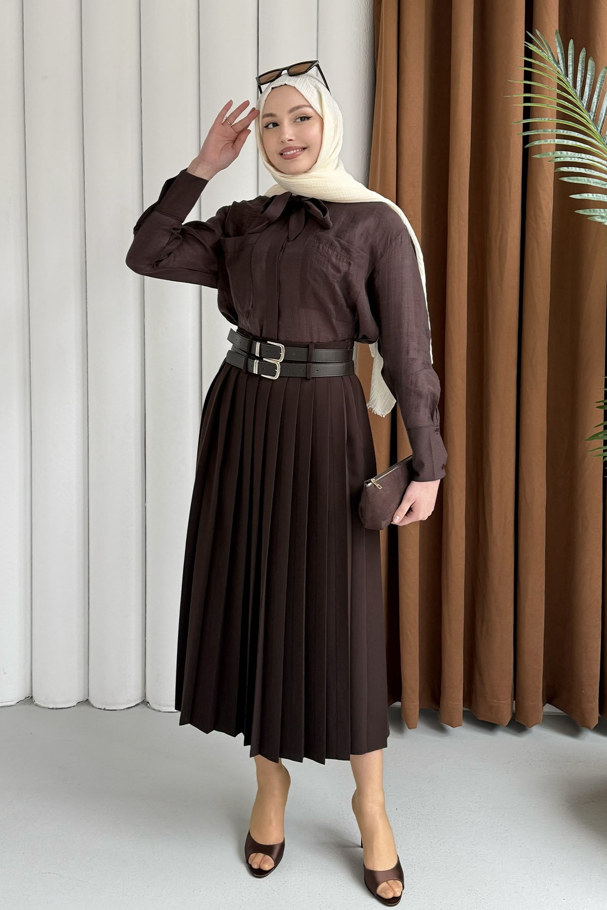 Cepli Kuşaklı İnce Modal Kumaş Gömlek-KAHVERENGİ