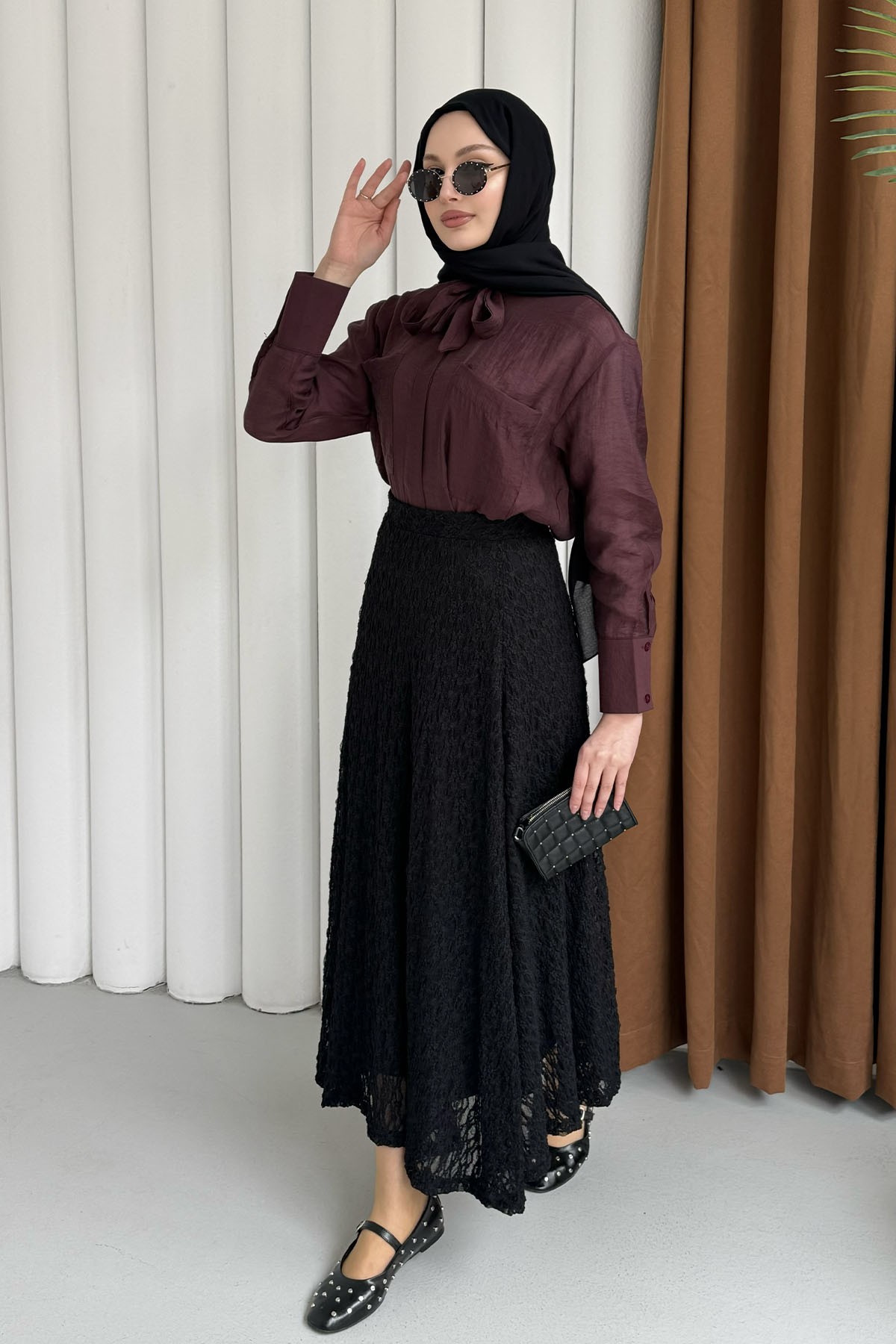 Cepli Kuşaklı İnce Modal Kumaş Gömlek-BORDO