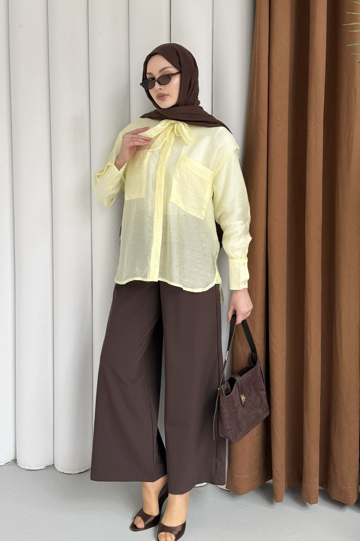 Cepli Kuşaklı İnce Modal Kumaş Gömlek-SARI