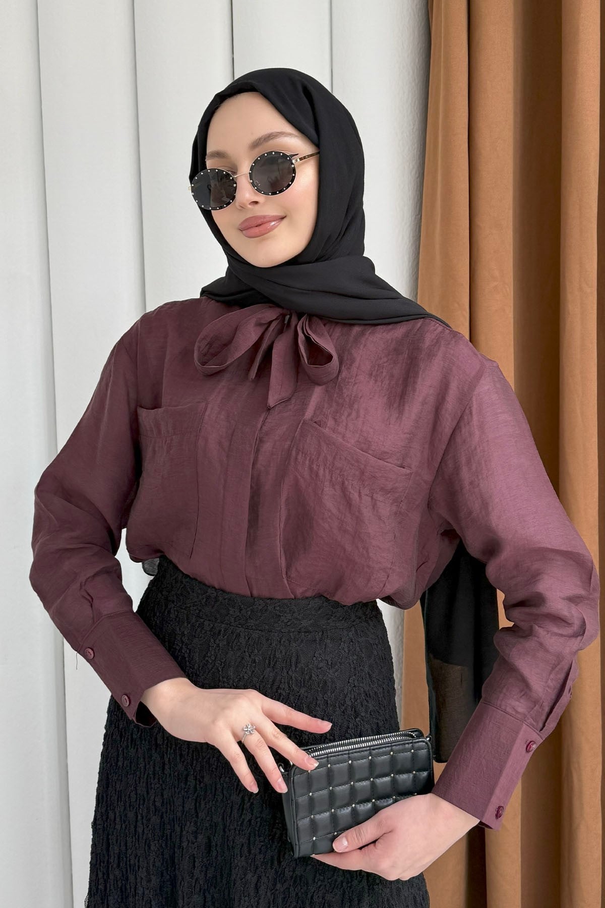 Cepli Kuşaklı İnce Modal Kumaş Gömlek-BORDO