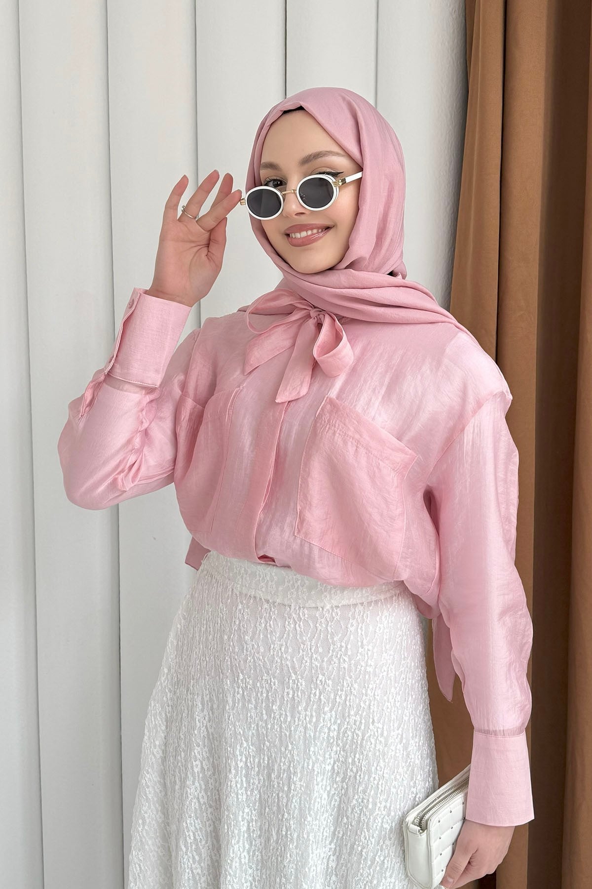 Cepli Kuşaklı İnce Modal Kumaş Gömlek-PEMBE