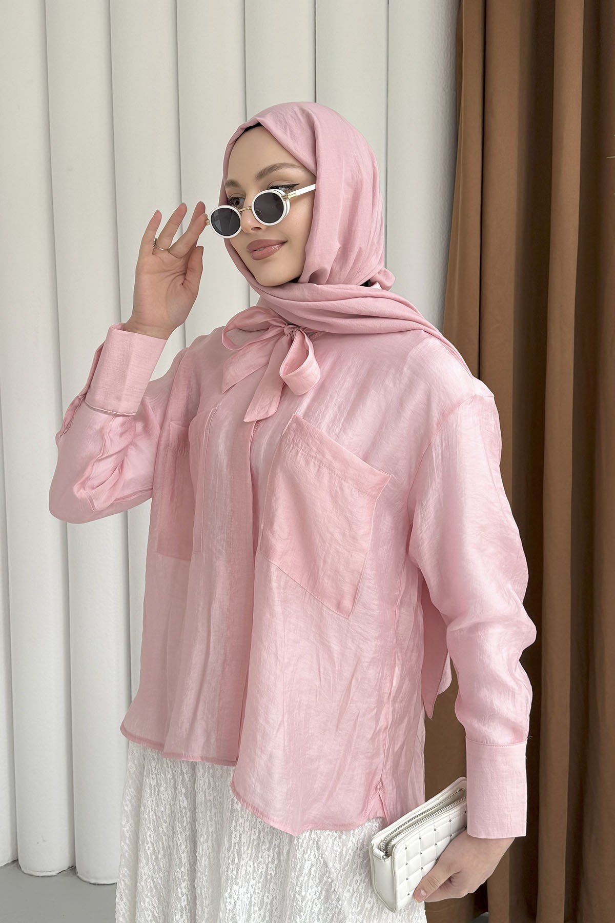 Cepli Kuşaklı İnce Modal Kumaş Gömlek-PEMBE