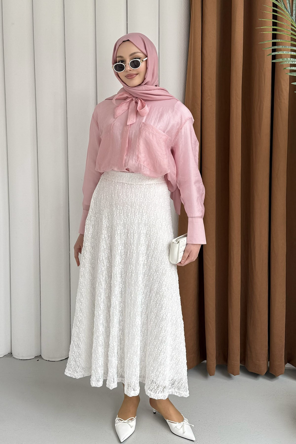 Cepli Kuşaklı İnce Modal Kumaş Gömlek-PEMBE