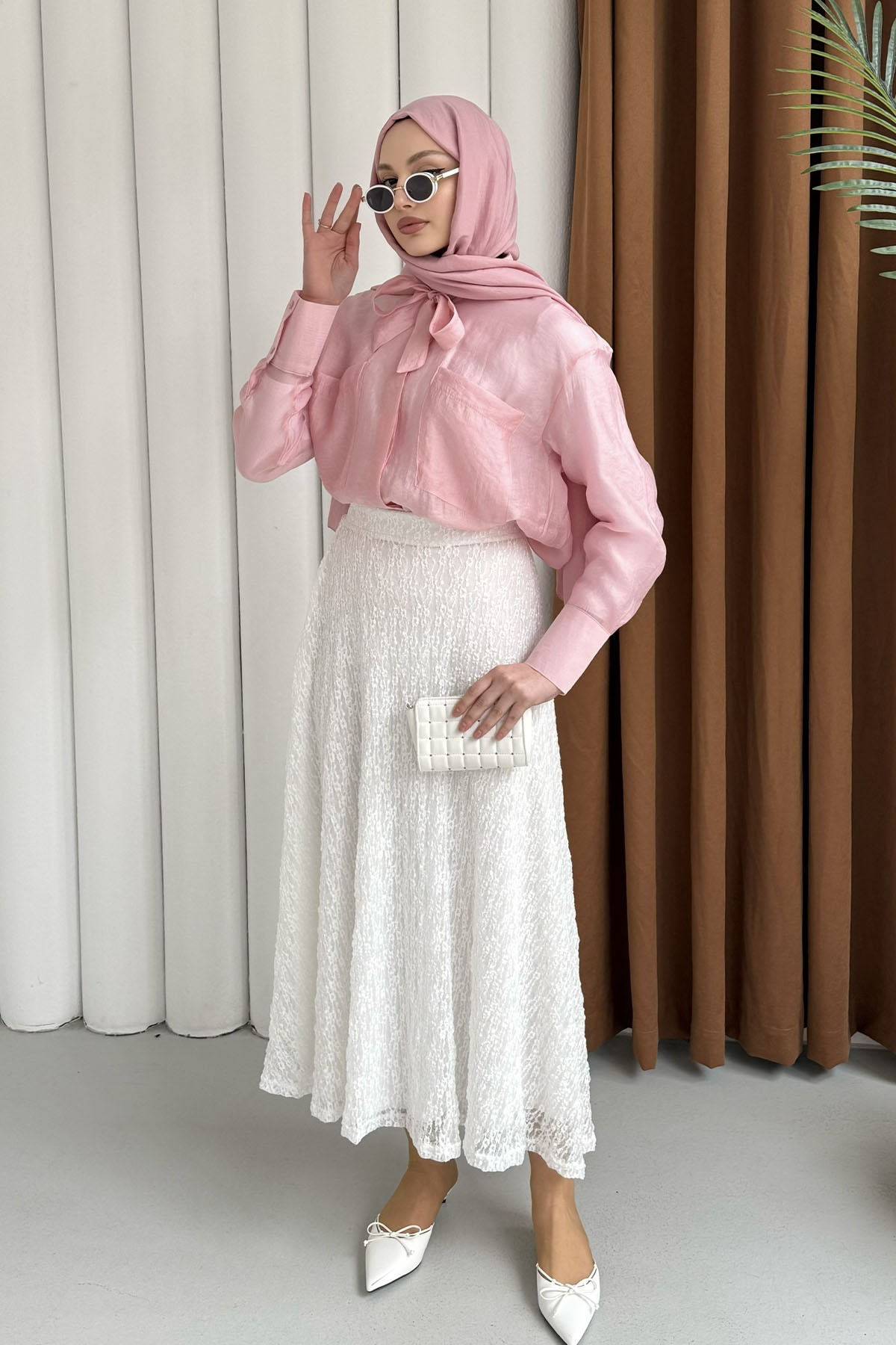 Cepli Kuşaklı İnce Modal Kumaş Gömlek-PEMBE