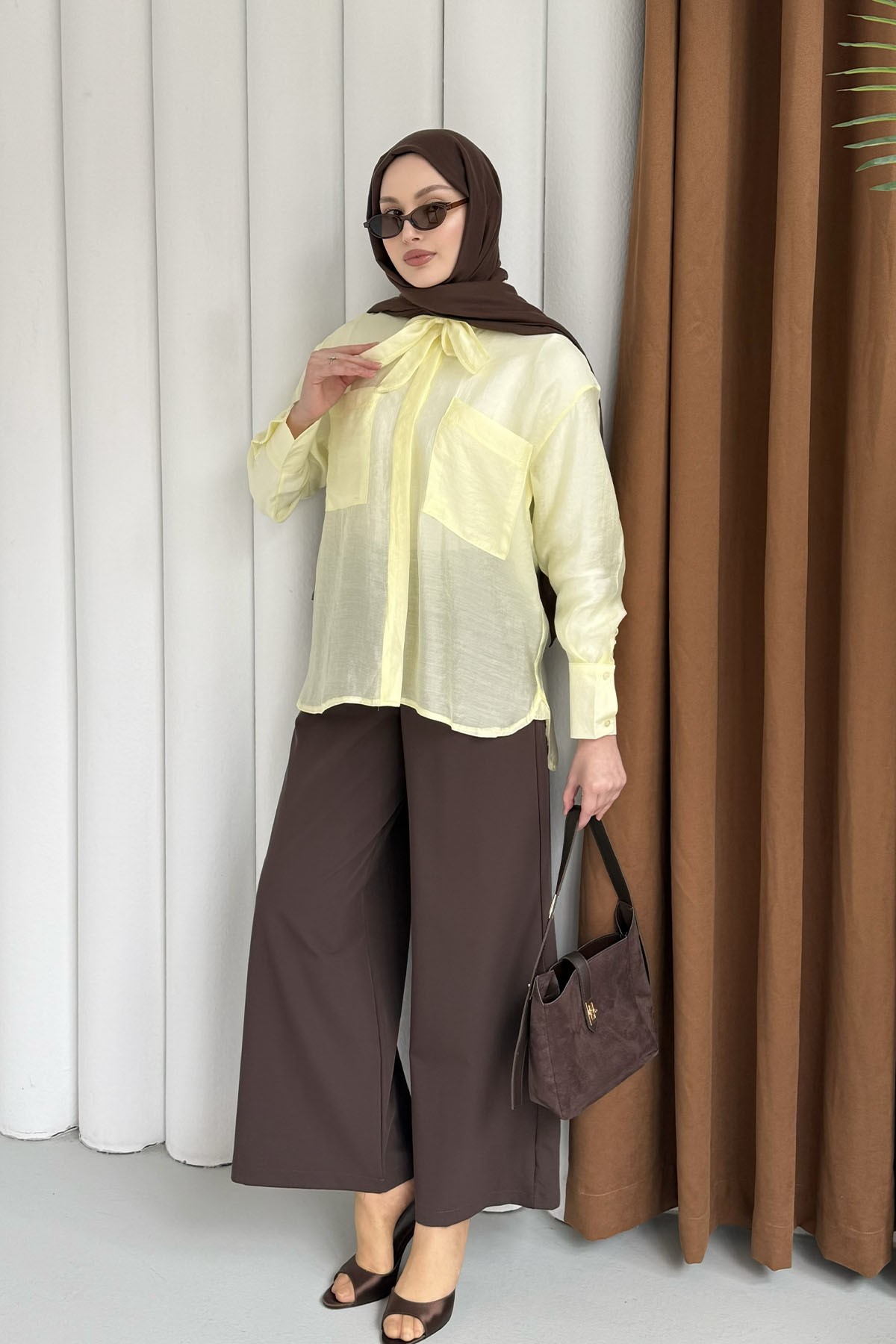 Cepli Kuşaklı İnce Modal Kumaş Gömlek-SARI