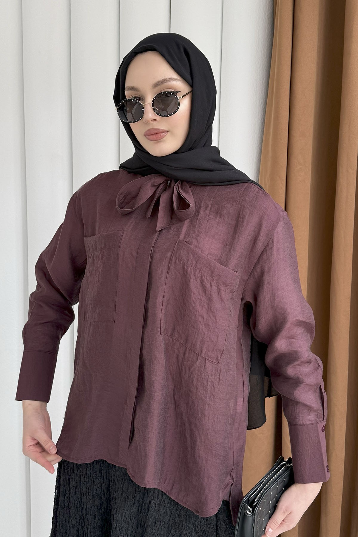 Cepli Kuşaklı İnce Modal Kumaş Gömlek-BORDO