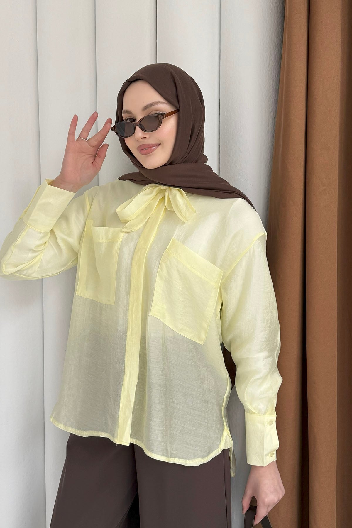 Cepli Kuşaklı İnce Modal Kumaş Gömlek-SARI