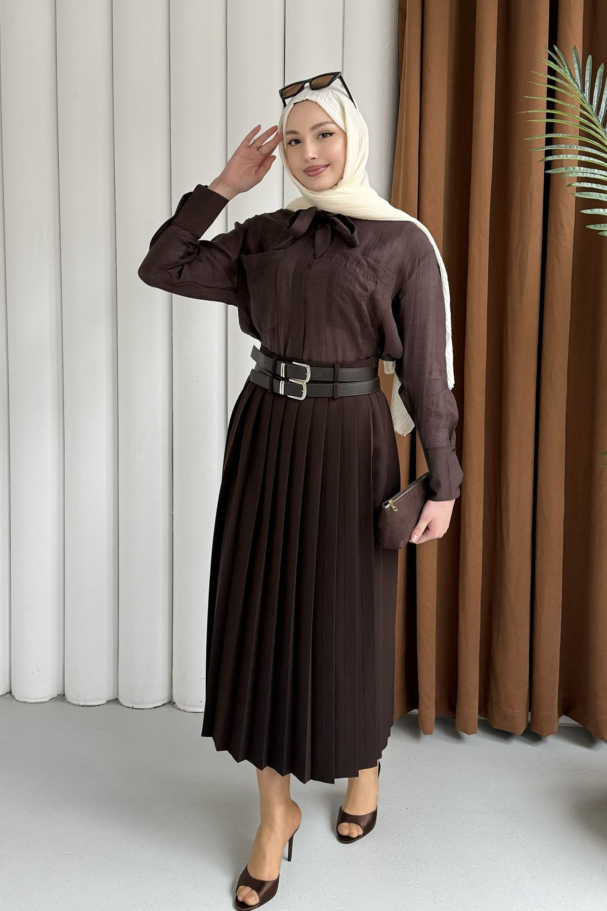 Cepli Kuşaklı İnce Modal Kumaş Gömlek-KAHVERENGİ