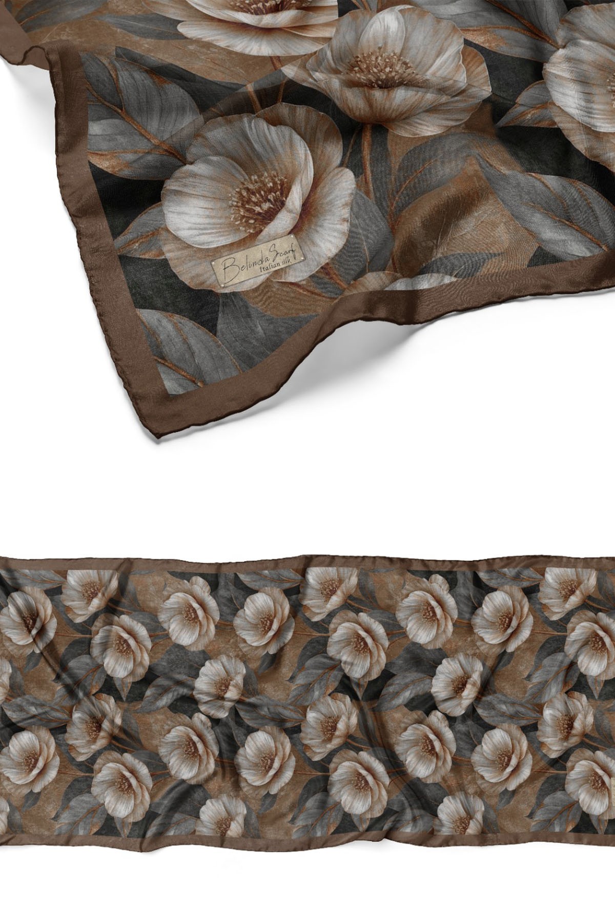 Çiçek Desen Pamuklu İtalyan İpekli Şal-KAHVERENGİ
