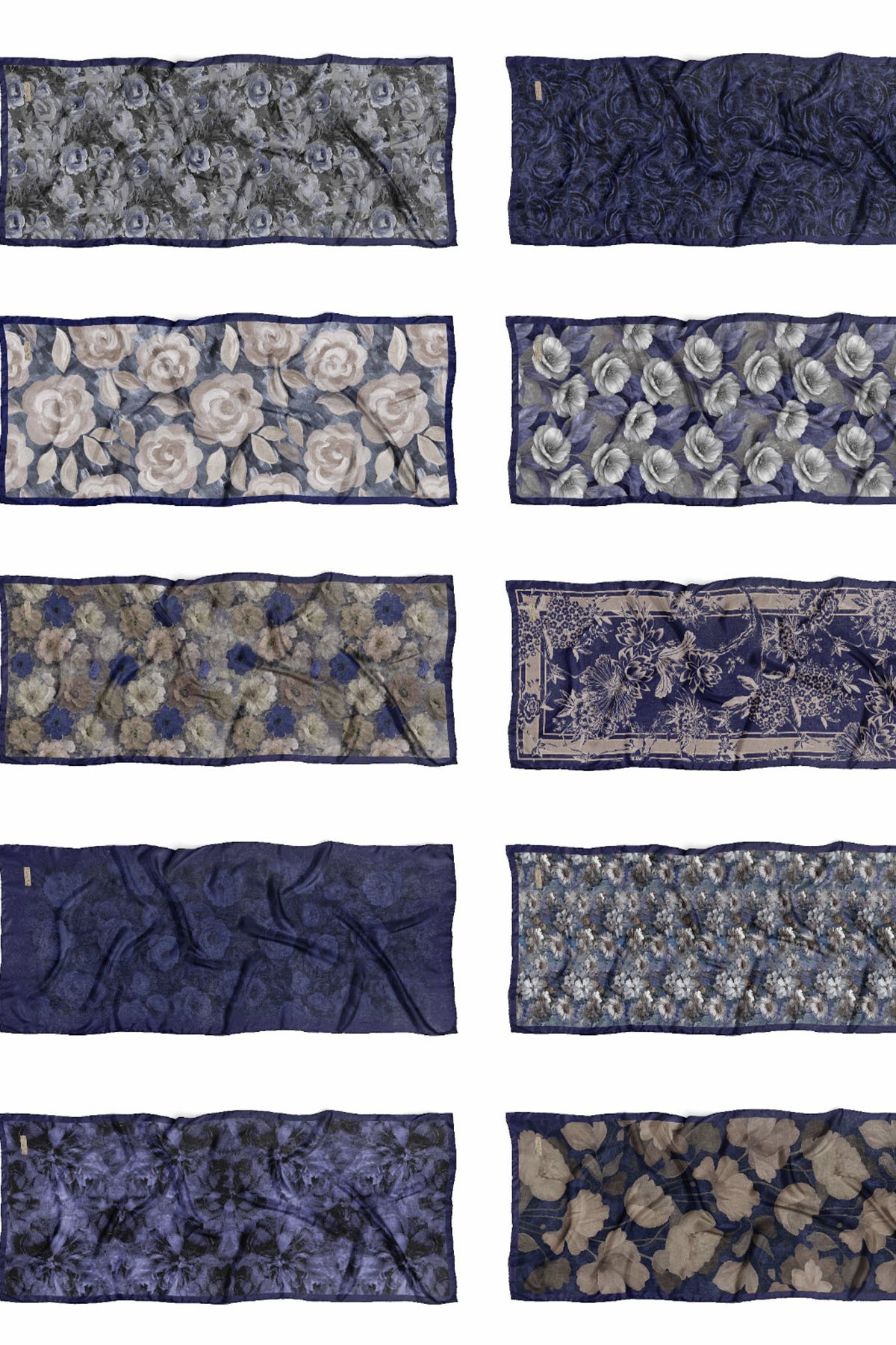 Çiçek Desen Pamuklu İtalyan İpekli Şal-LACİVERT