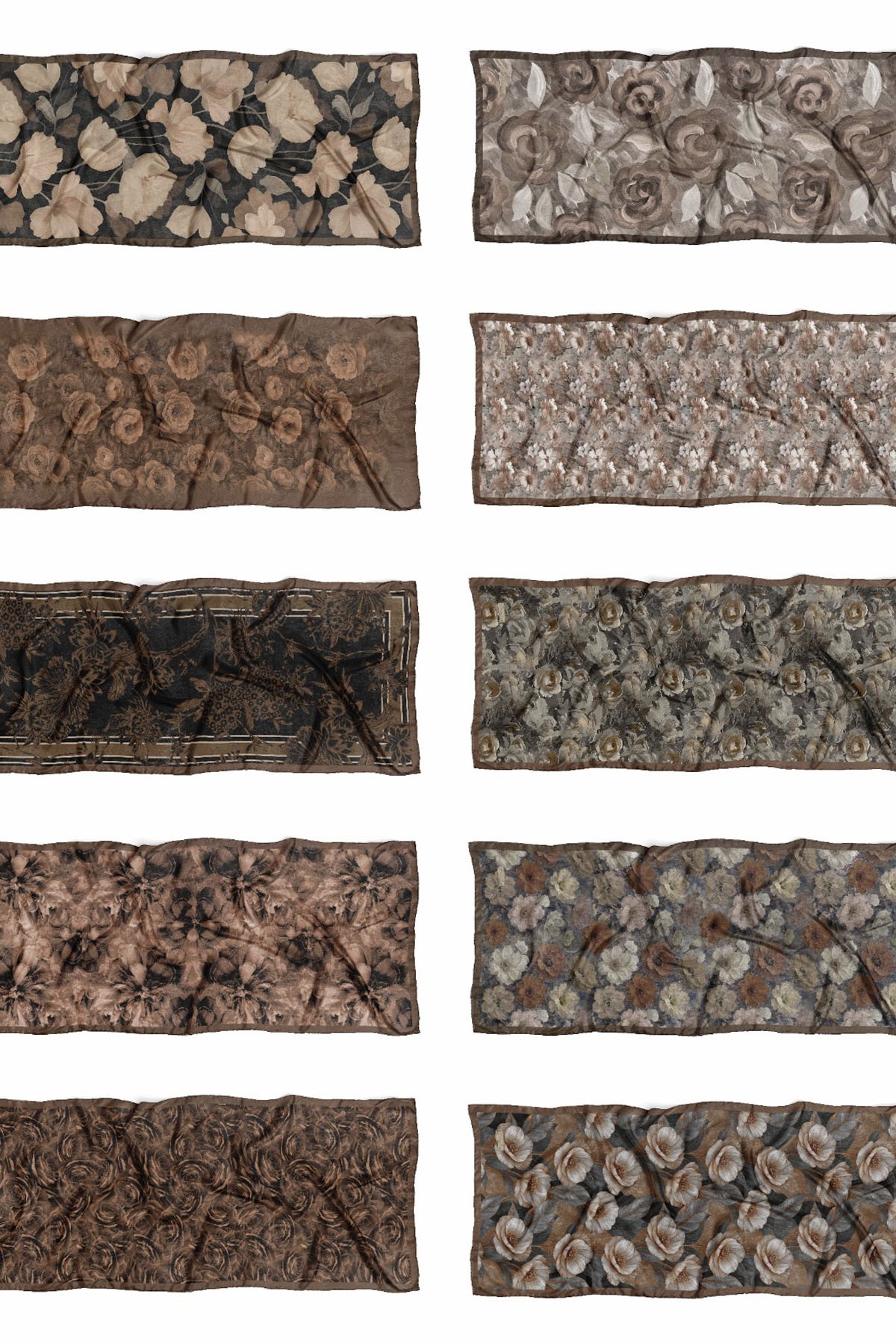 Çiçek Desen Pamuklu İtalyan İpekli Şal-KAHVERENGİ