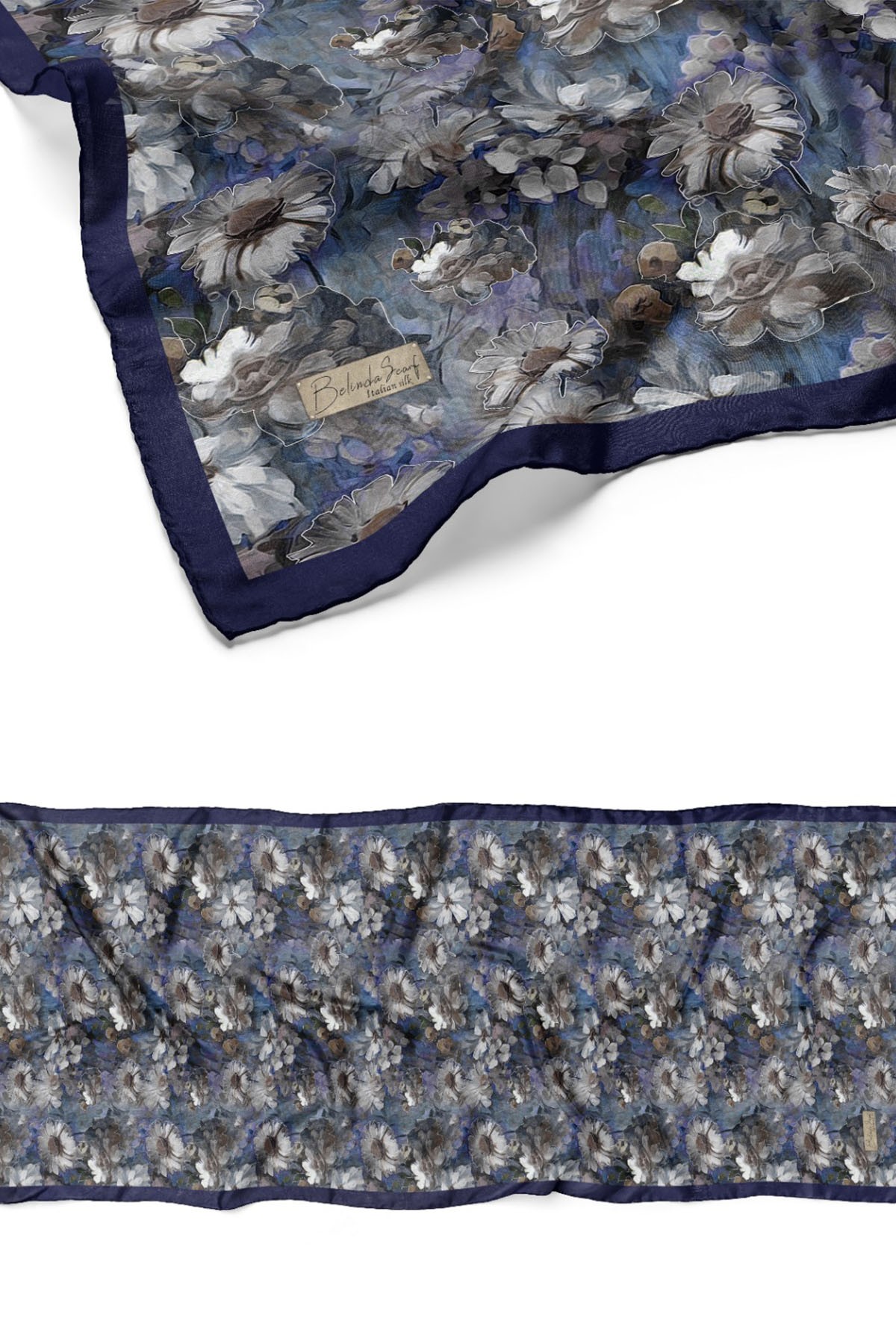 Çiçek Desen Pamuklu İtalyan İpekli Şal-LACİVERT