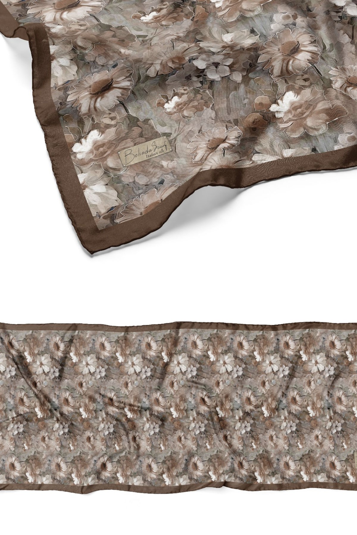 Çiçek Desen Pamuklu İtalyan İpekli Şal-KAHVERENGİ