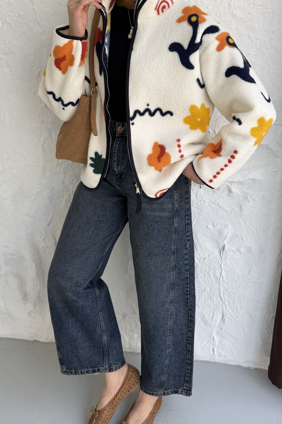 Çiçek Desenli Fermuarlı Peluş Polar Sweatshirt-EKRU