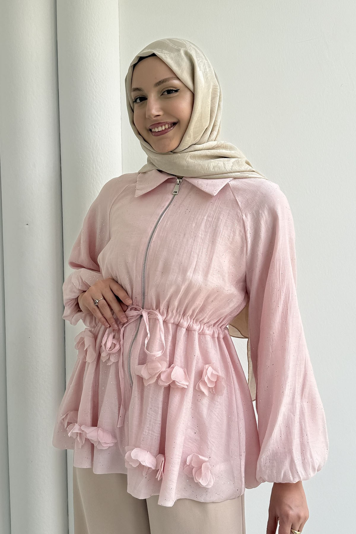 Çiçek Detaylı Simli Vual Kumaş Balon Kol Ceket-PEMBE