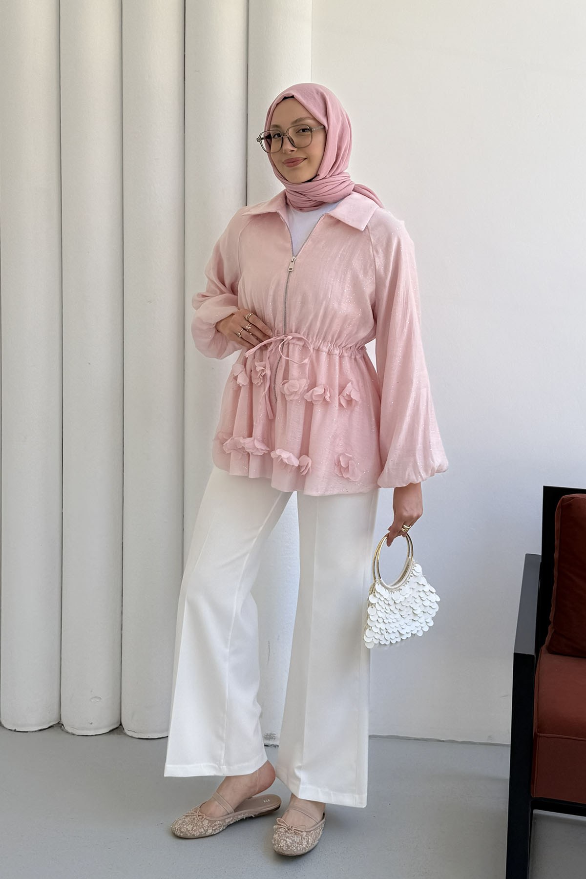 Çiçek Detaylı Simli Vual Kumaş Balon Kol Ceket-PEMBE