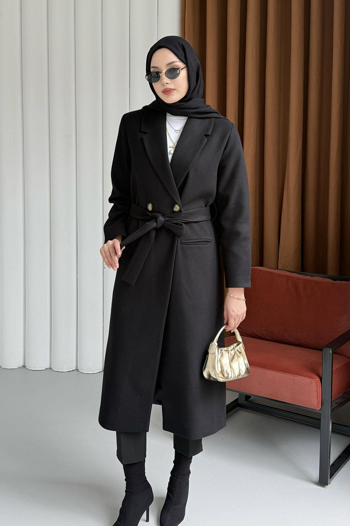 Çift Düğme Detaylı Kuşaklı Uzun Premium Kaşe Kaban-SİYAH