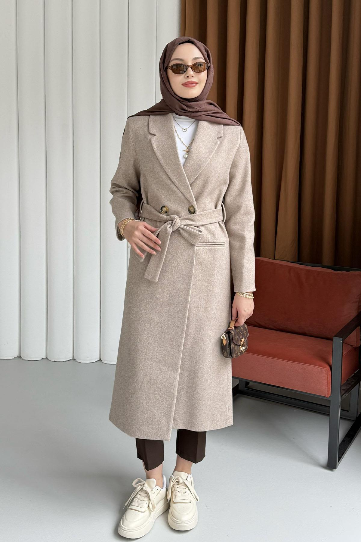 Çift Düğme Detaylı Kuşaklı Uzun Premium Kaşe Kaban-BEJ