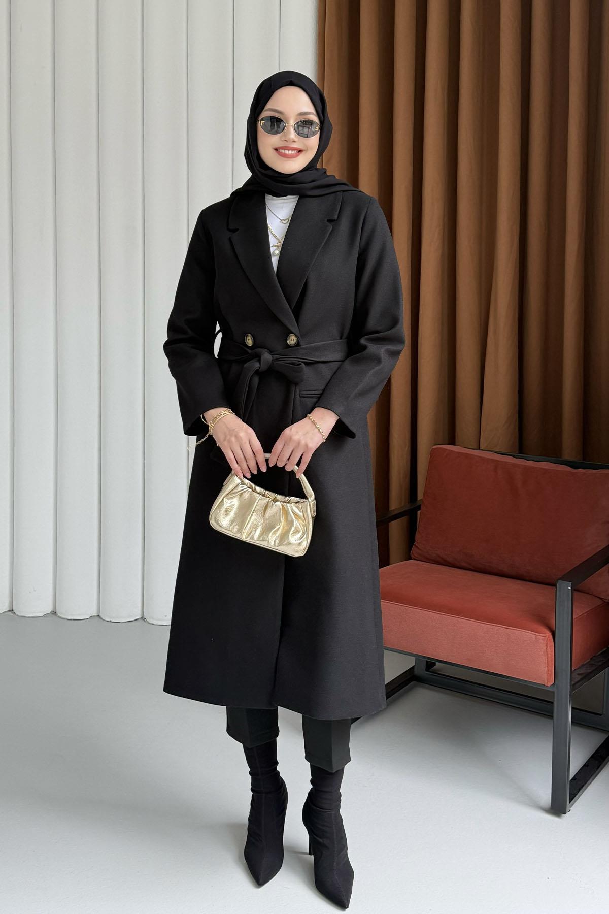 Çift Düğme Detaylı Kuşaklı Uzun Premium Kaşe Kaban-SİYAH