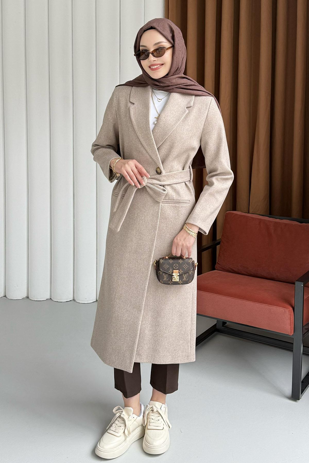 Çift Düğme Detaylı Kuşaklı Uzun Premium Kaşe Kaban-BEJ