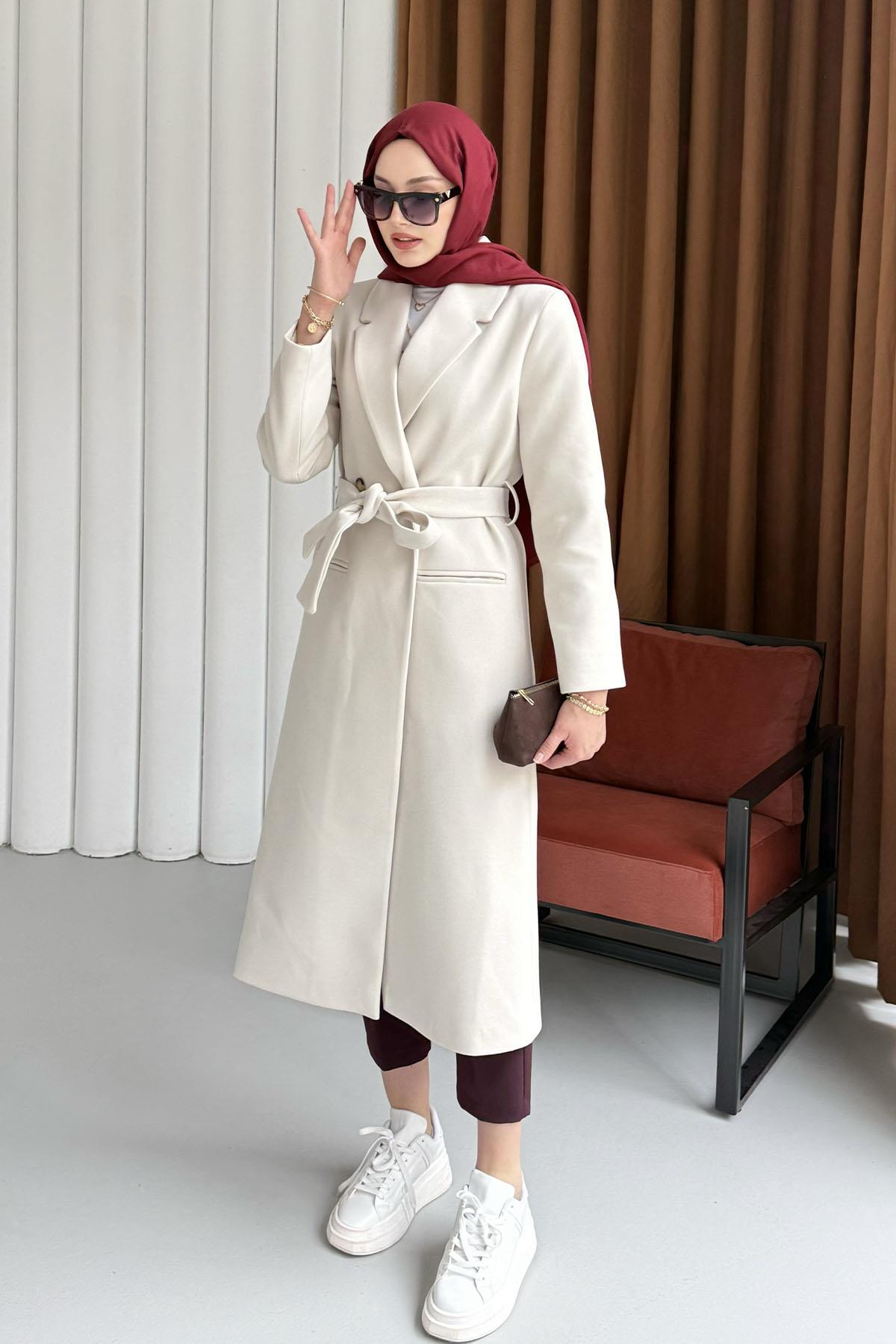 Çift Düğme Detaylı Kuşaklı Uzun Premium Kaşe Kaban-KREM