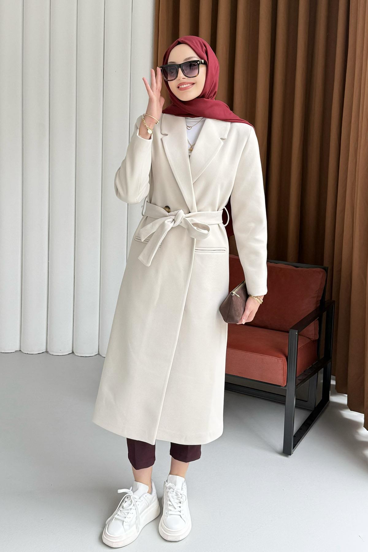 Çift Düğme Detaylı Kuşaklı Uzun Premium Kaşe Kaban-KREM