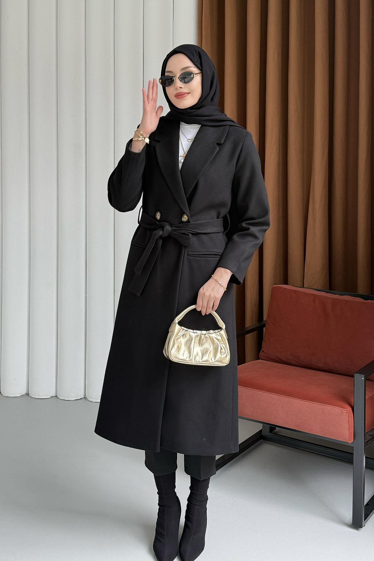 Çift Düğme Detaylı Kuşaklı Uzun Premium Kaşe Kaban-SİYAH