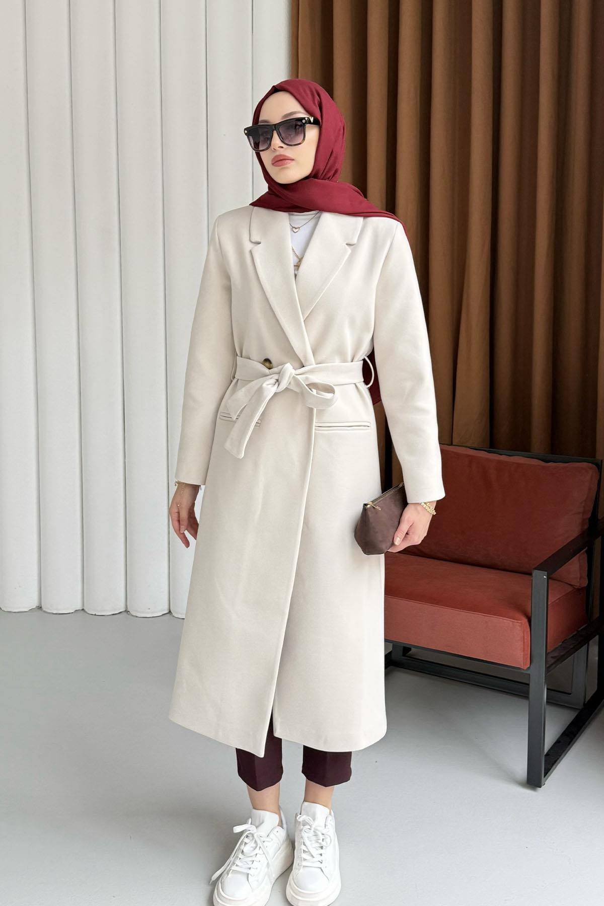 Çift Düğme Detaylı Kuşaklı Uzun Premium Kaşe Kaban-KREM