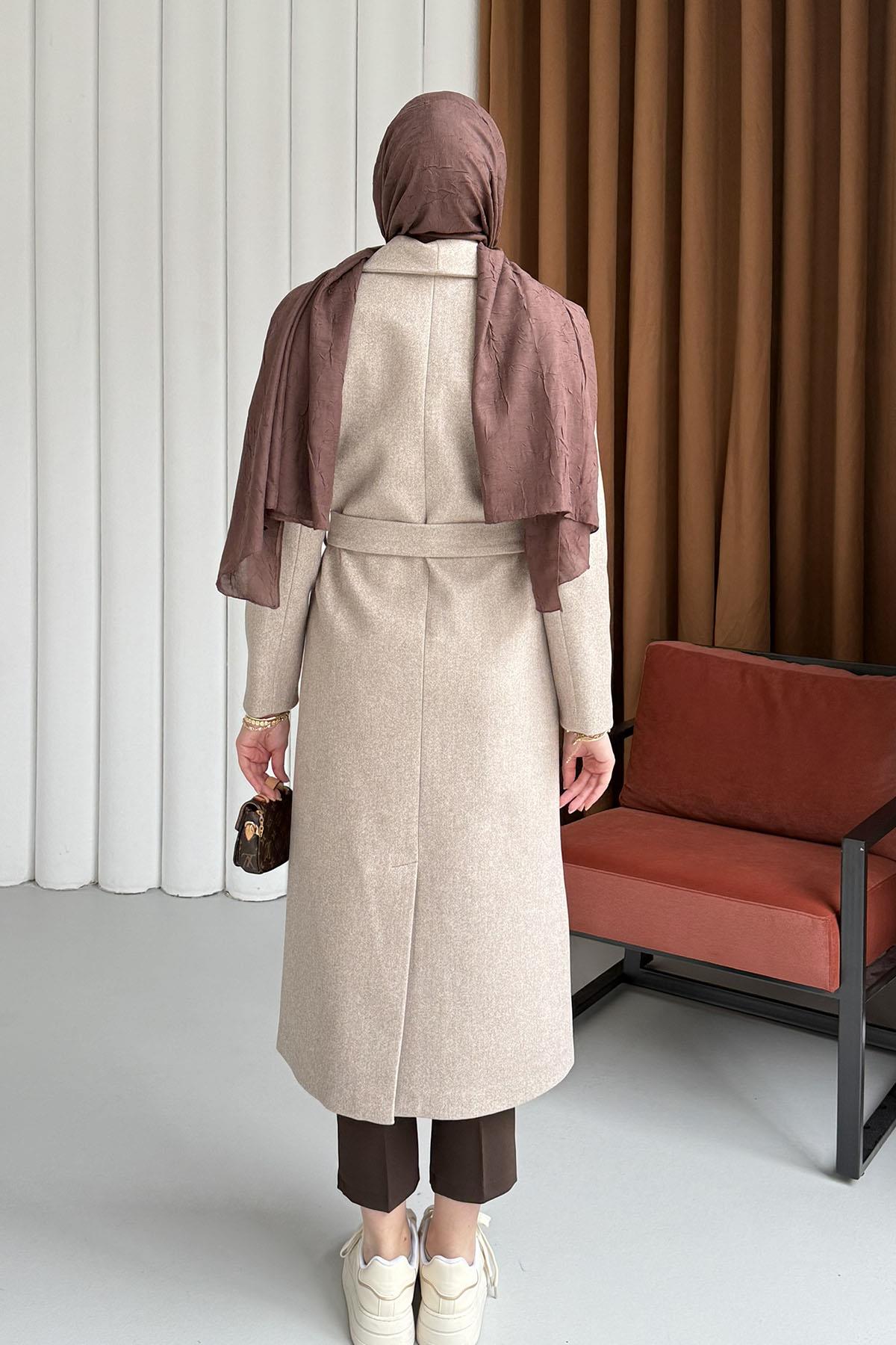 Çift Düğme Detaylı Kuşaklı Uzun Premium Kaşe Kaban-BEJ