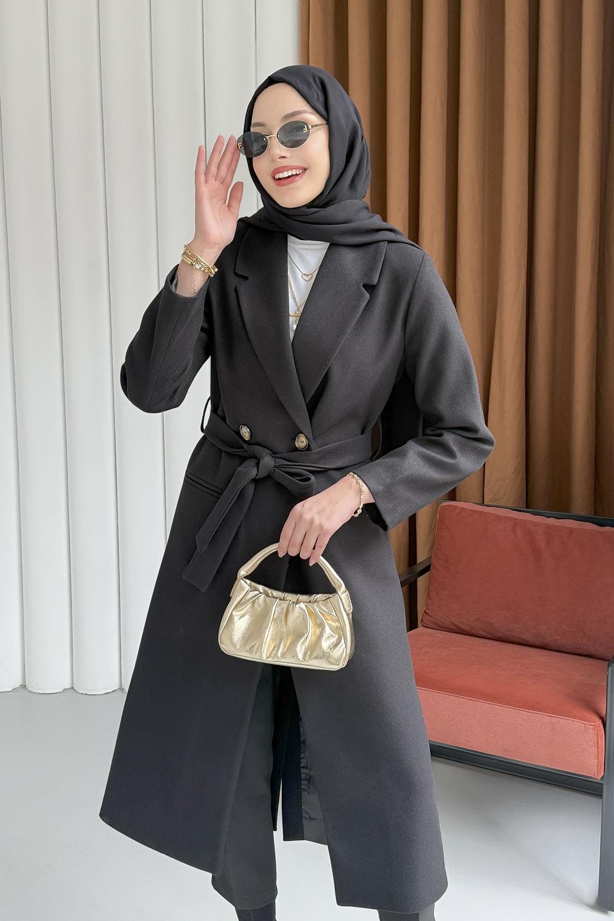 Çift Düğme Detaylı Kuşaklı Uzun Premium Kaşe Kaban-SİYAH