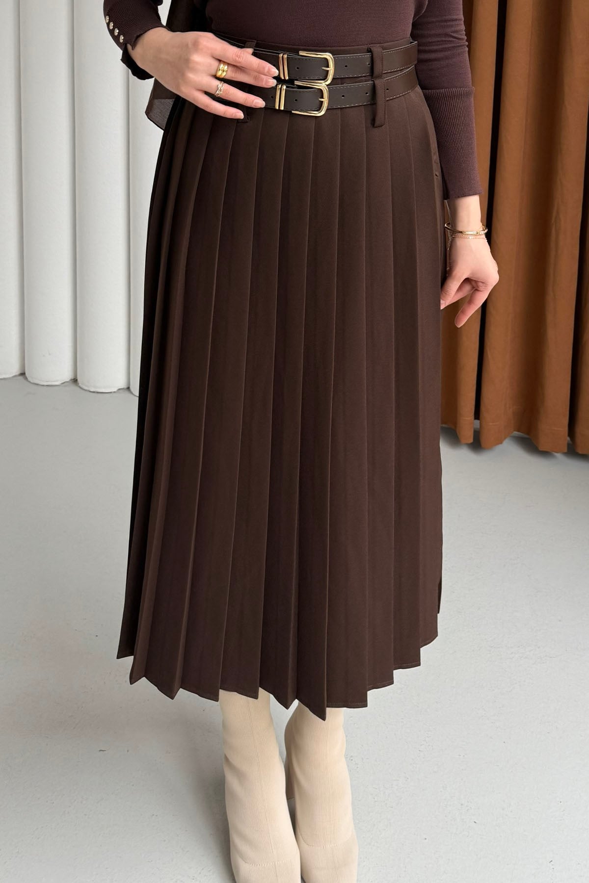 Çift Kemer Detaylı Piliseli Etek-KAHVERENGİ