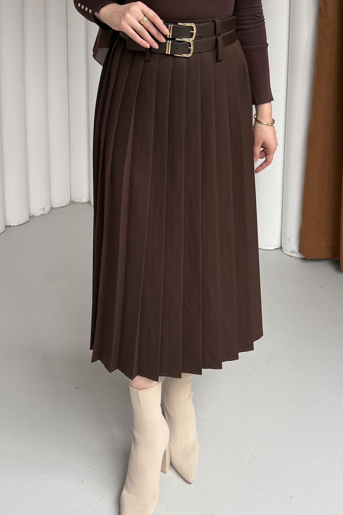 Çift Kemer Detaylı Piliseli Etek-KAHVERENGİ