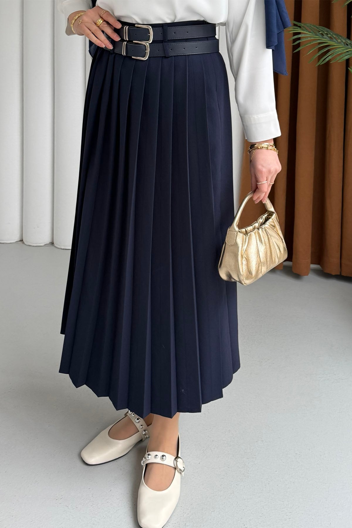 Çift Kemer Detaylı Piliseli Etek-LACİVERT