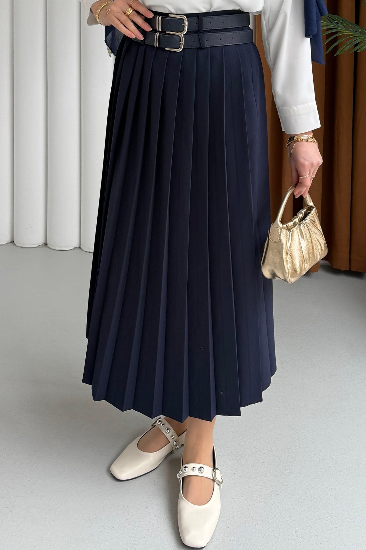 Çift Kemer Detaylı Piliseli Etek-LACİVERT