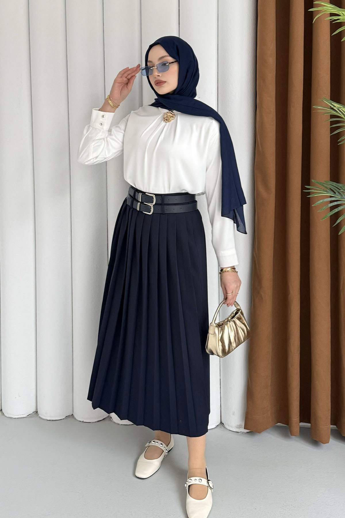 Çift Kemer Detaylı Piliseli Etek-LACİVERT