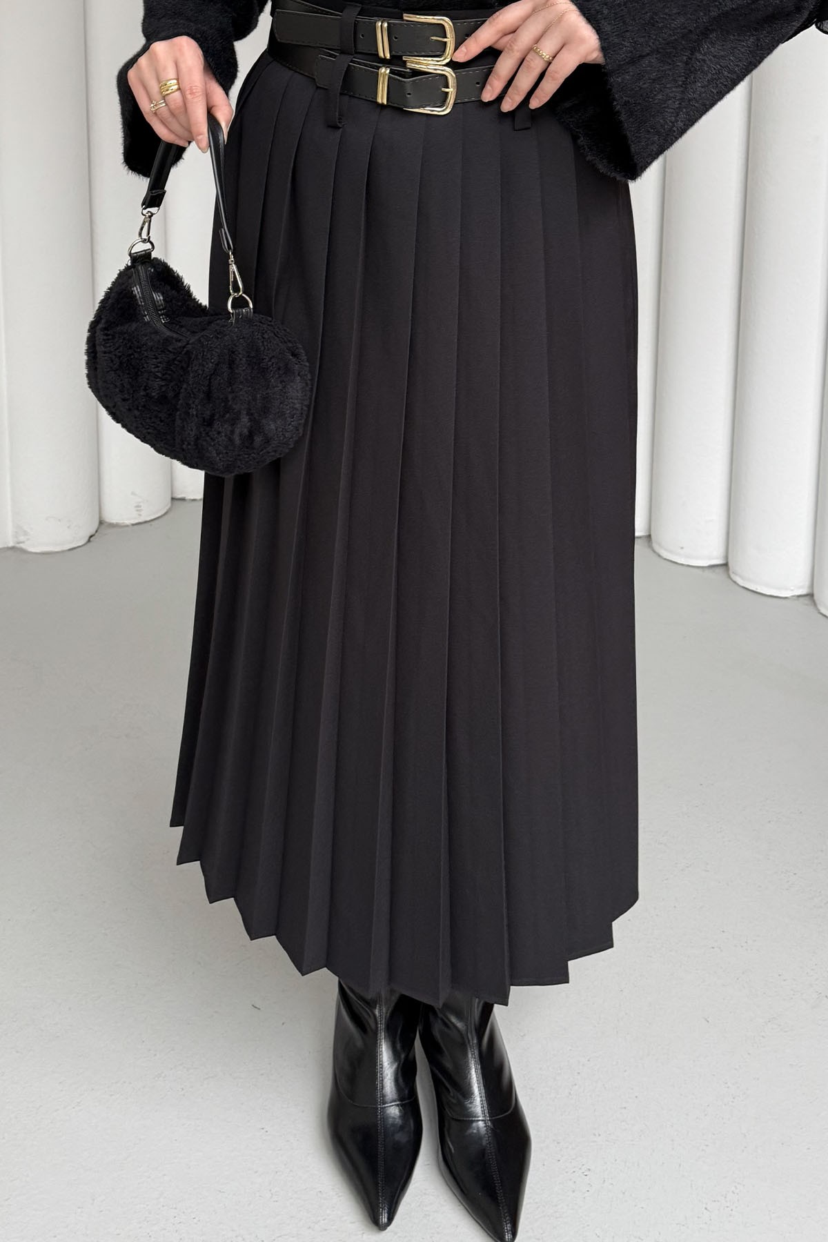 Çift Kemer Detaylı Piliseli Etek-SİYAH