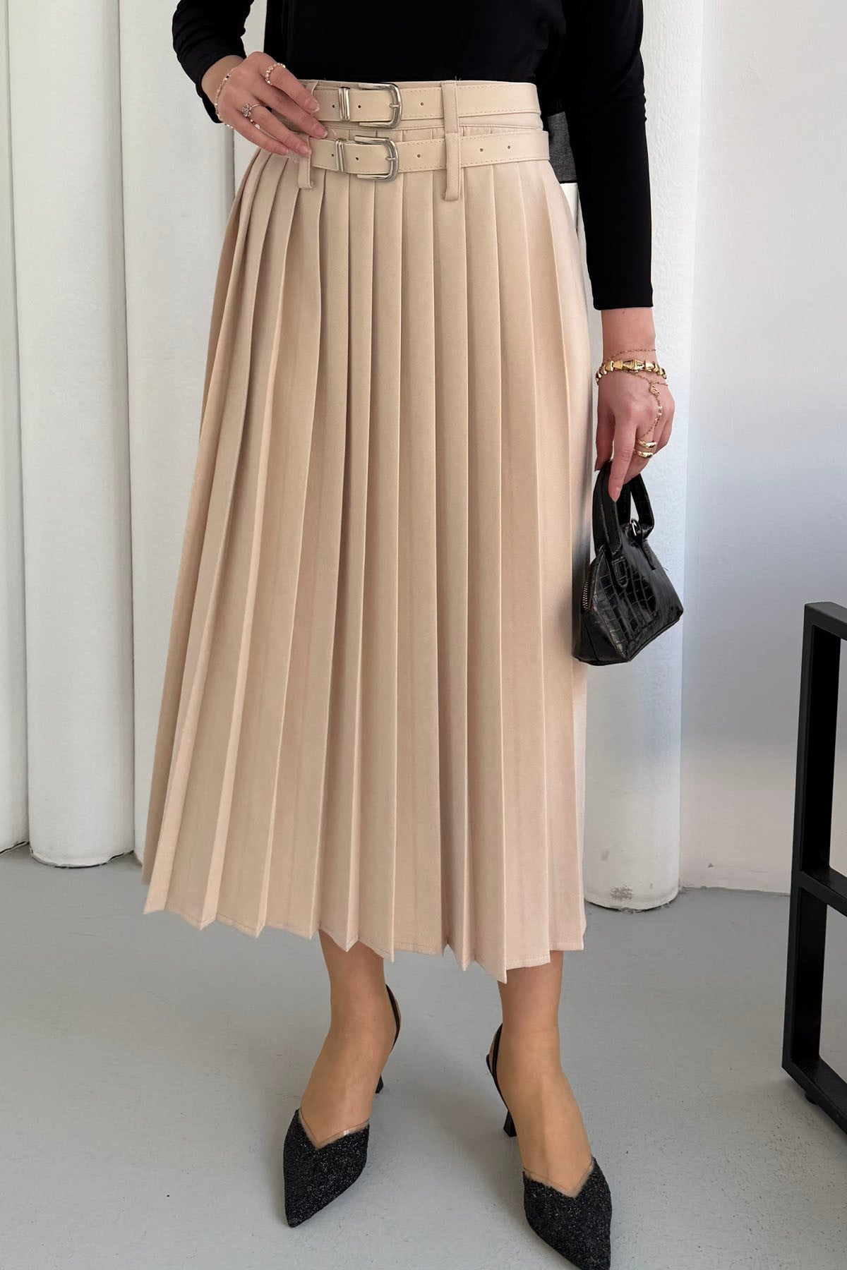 Çift Kemer Detaylı Piliseli Etek-TAŞ