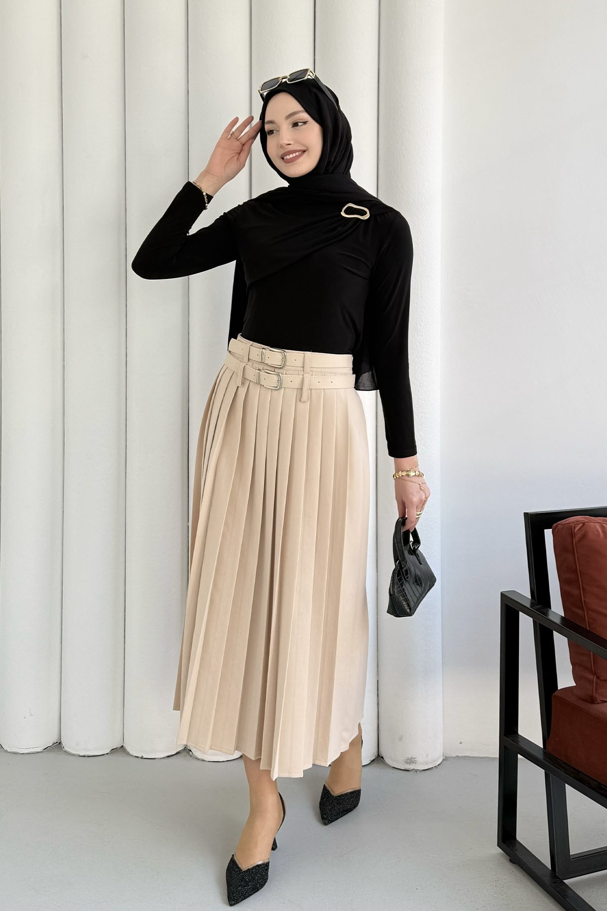 Çift Kemer Detaylı Piliseli Etek-TAŞ