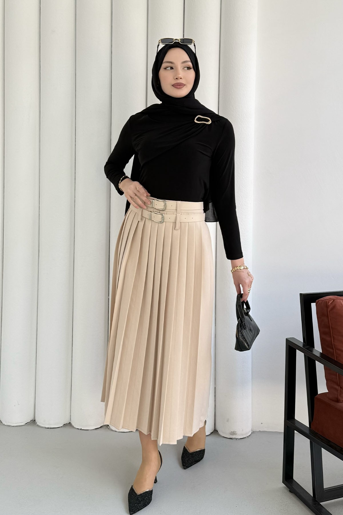 Çift Kemer Detaylı Piliseli Etek-TAŞ