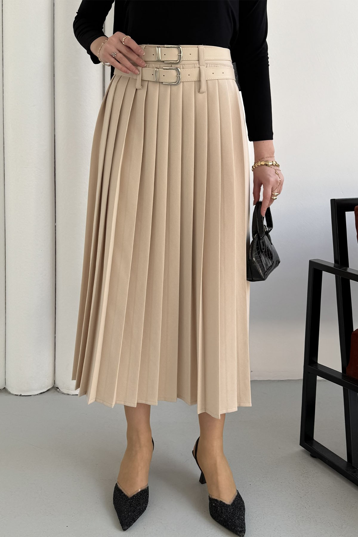 Çift Kemer Detaylı Piliseli Etek-TAŞ