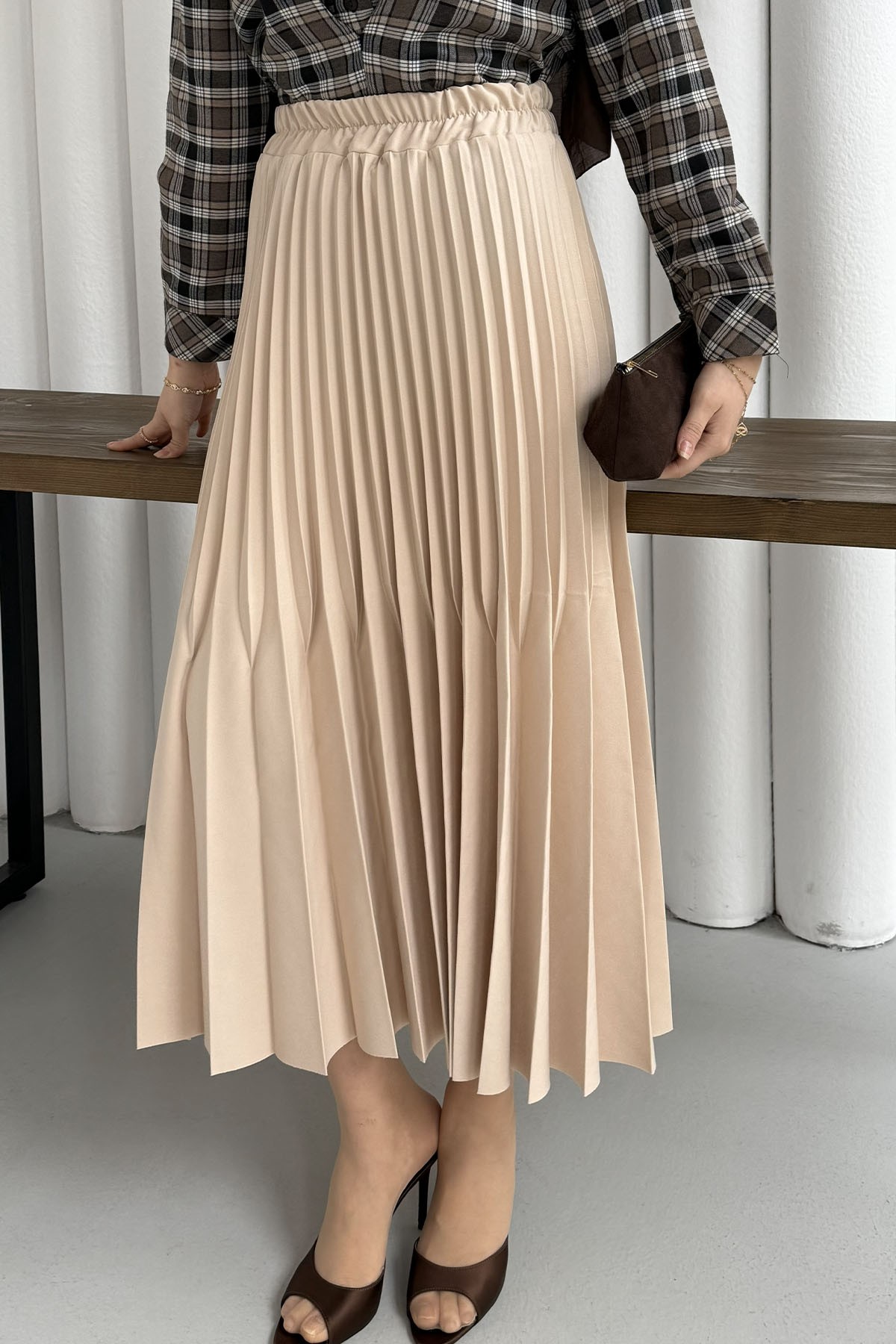 Çift Pilise Detaylı Tesettür Uzun Etek-TAŞ