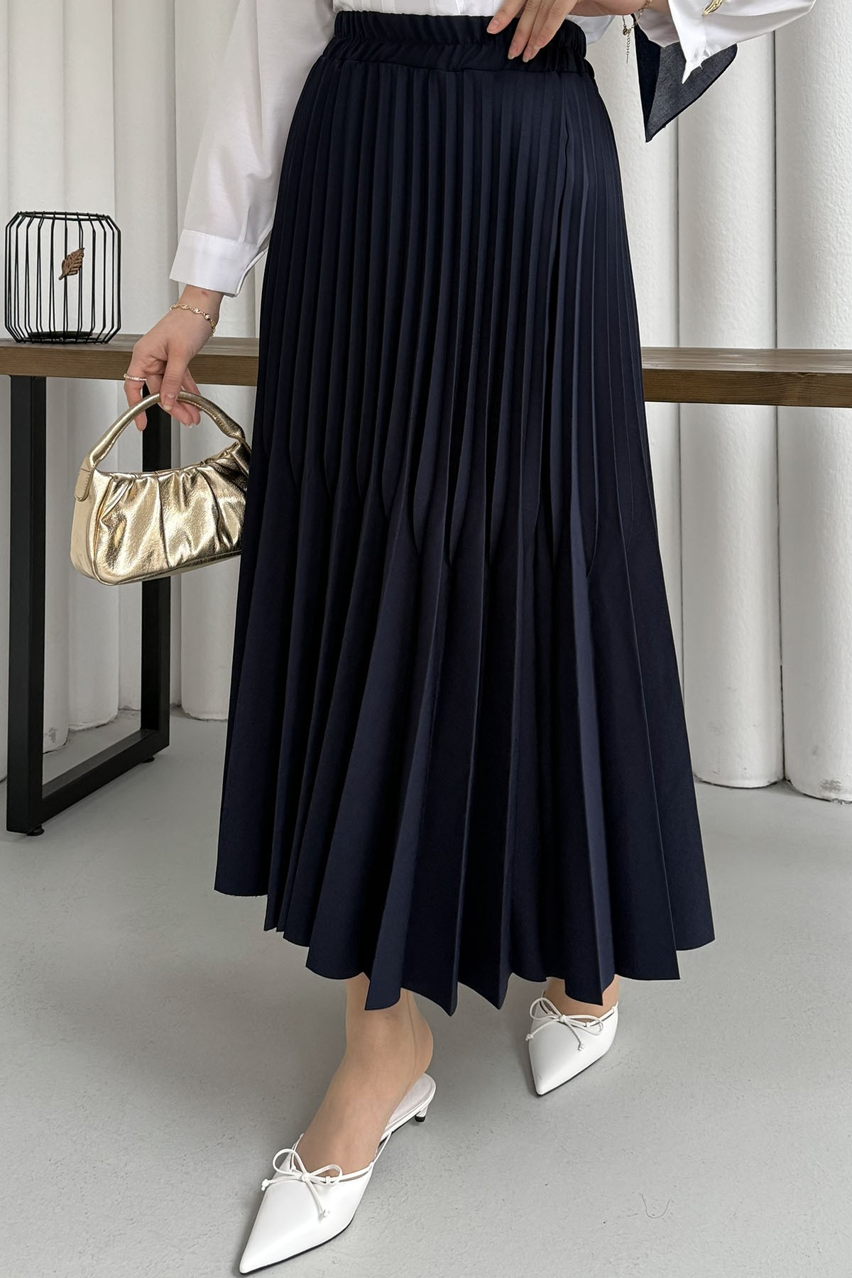 Çift Pilise Detaylı Tesettür Uzun Etek-LACİVERT