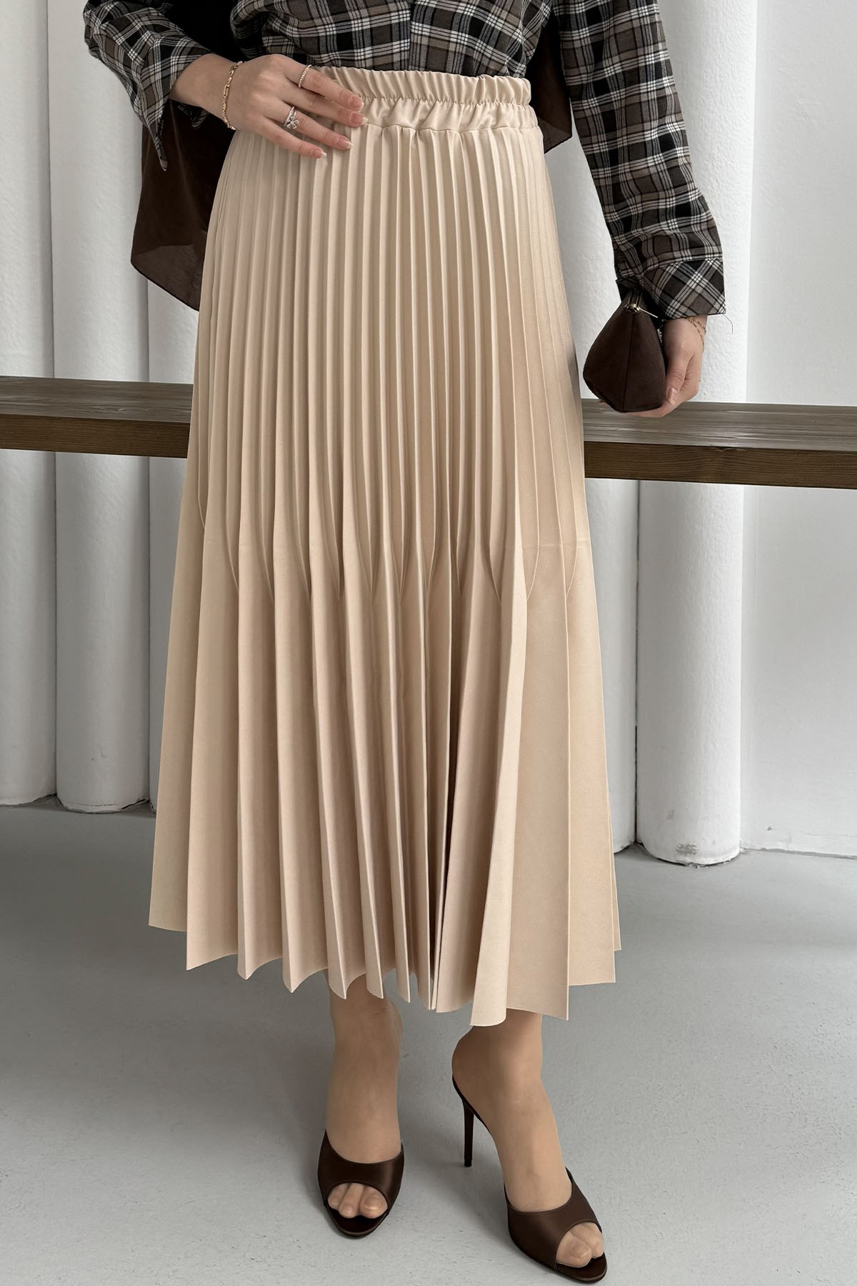 Çift Pilise Detaylı Tesettür Uzun Etek-TAŞ