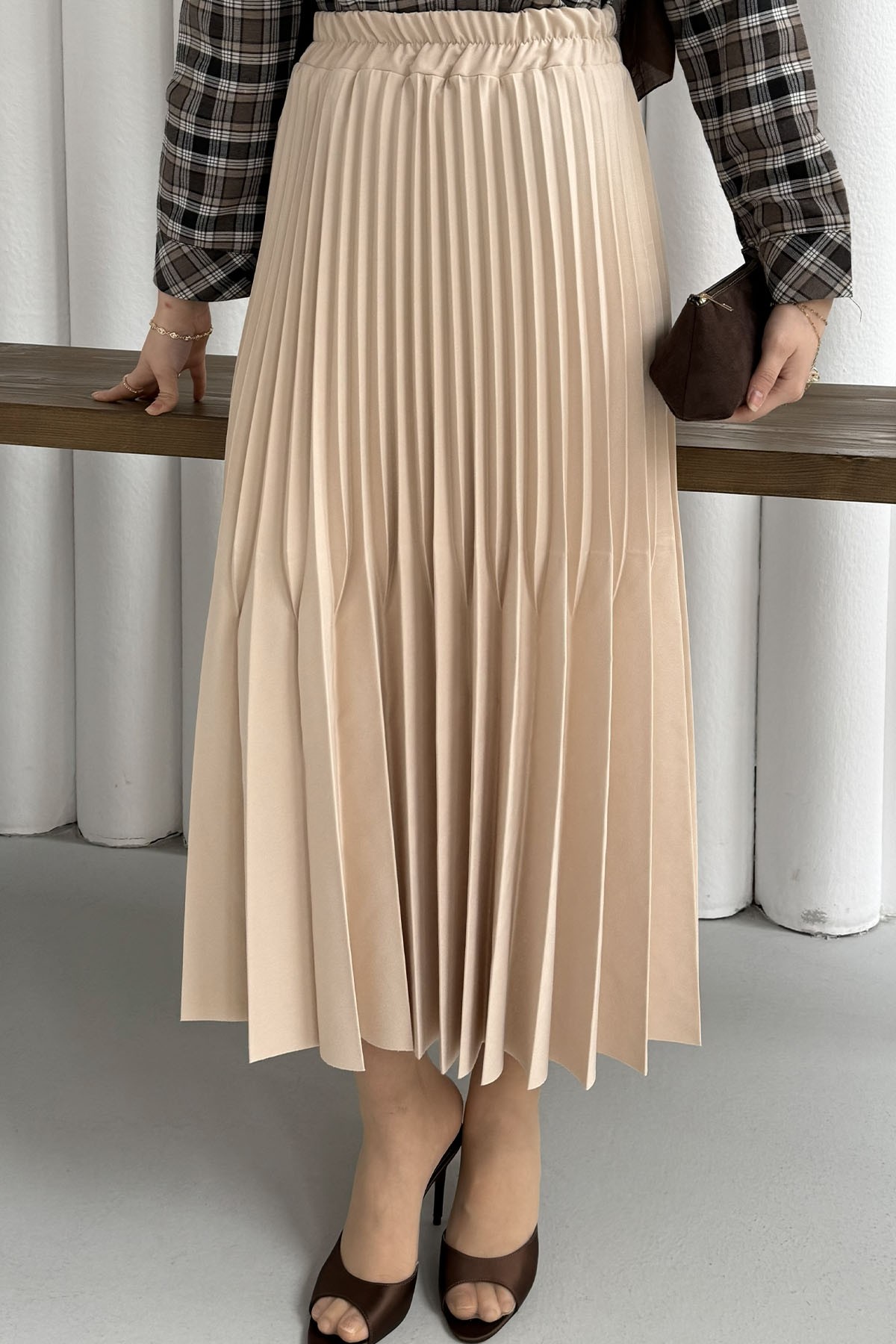 Çift Pilise Detaylı Tesettür Uzun Etek-TAŞ