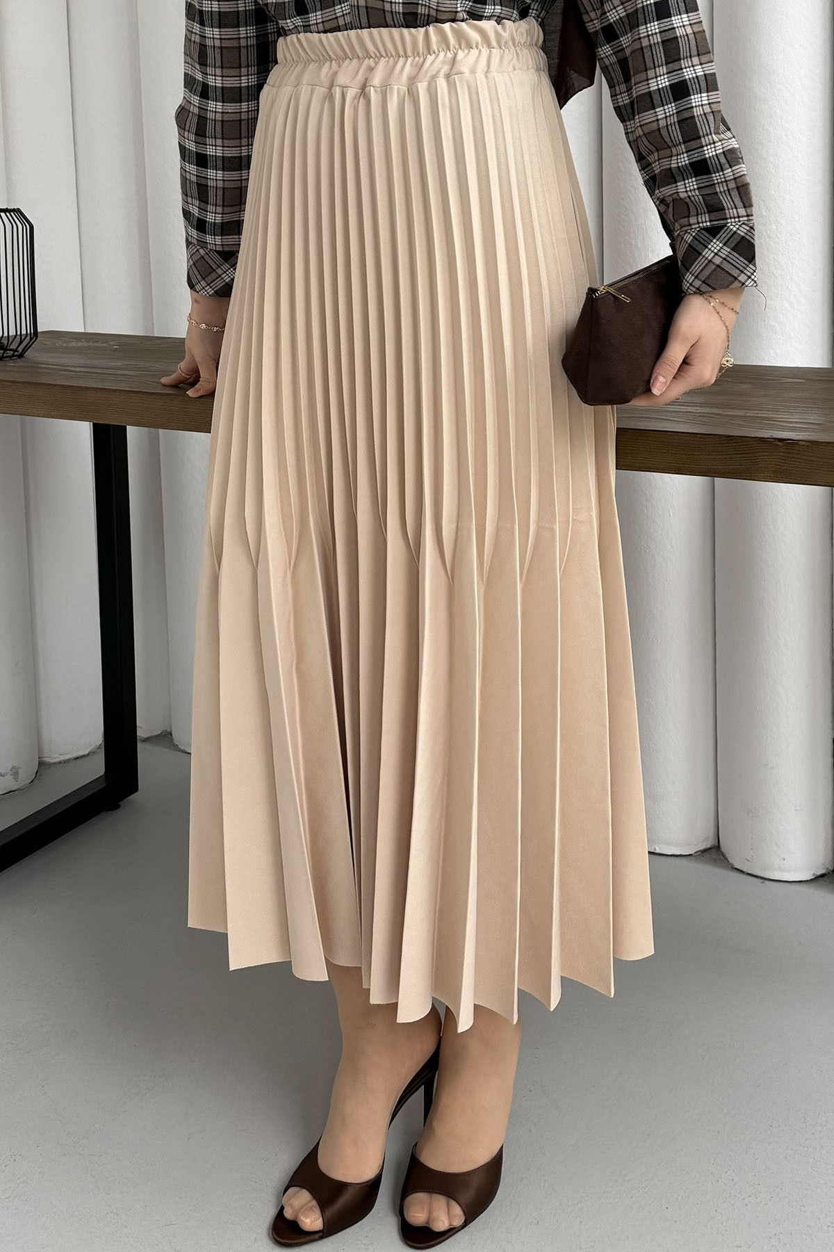 Çift Pilise Detaylı Tesettür Uzun Etek-TAŞ