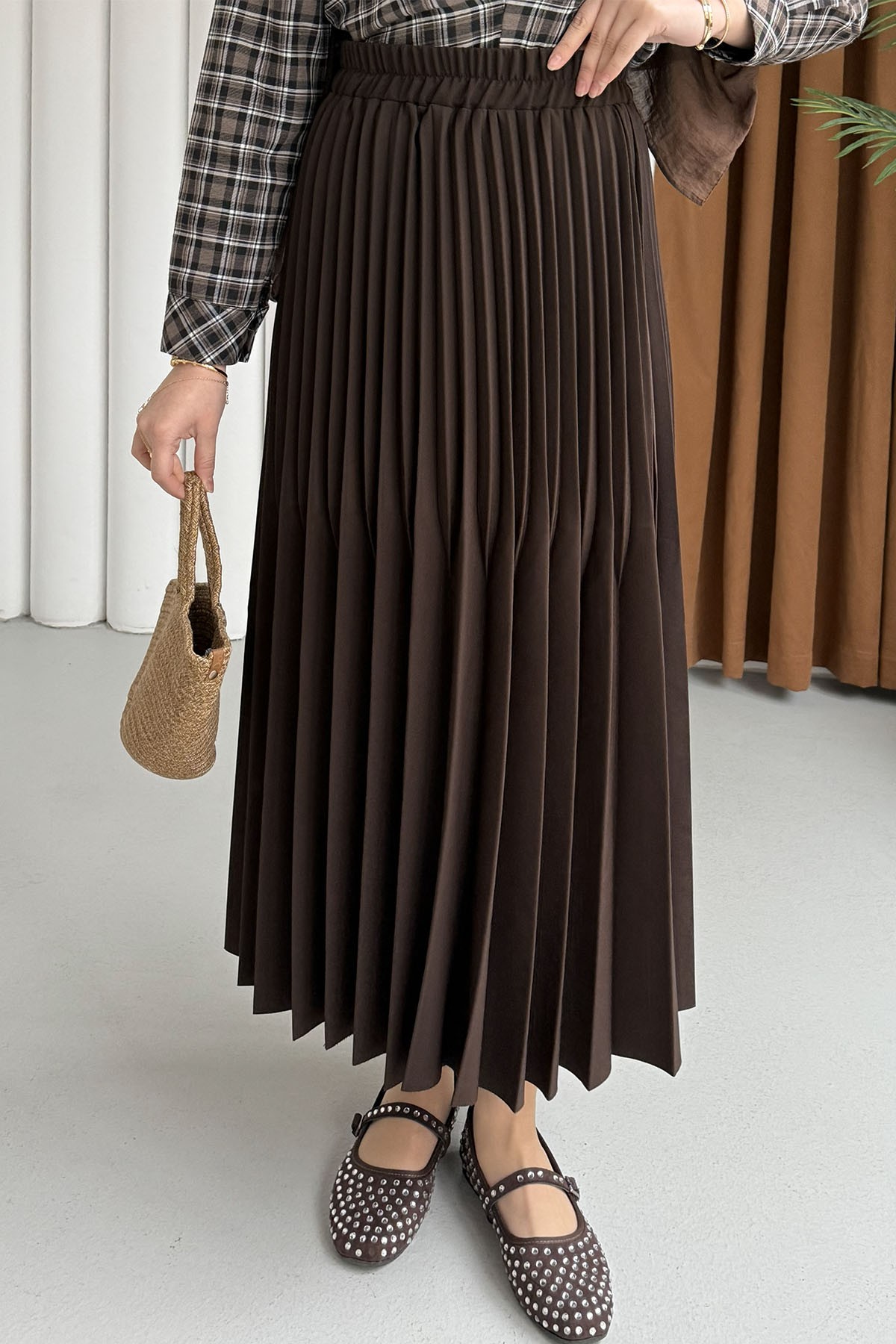 Çift Pilise Detaylı Tesettür Uzun Etek-KAHVERENGİ